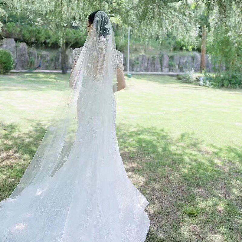复古奢华蕾丝花瓣头纱新娘主婚纱仙美重手工珍珠头纱长款拍照道具