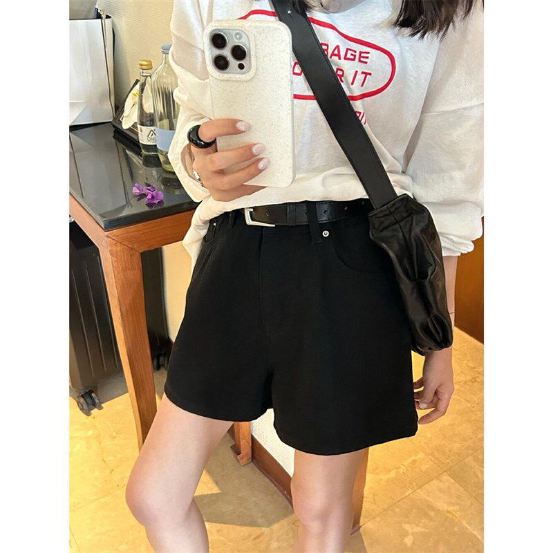 自制日系工装风高腰黑色牛仔短裤女春显瘦百搭小个子直筒五分裤子