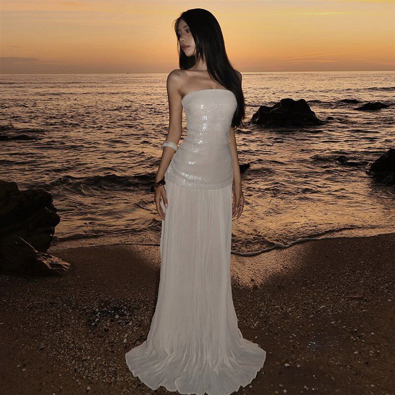 怪诞女孩 海边度假绝美细闪亮片抹胸连衣裙女 拼接网纱长裙鱼尾裙