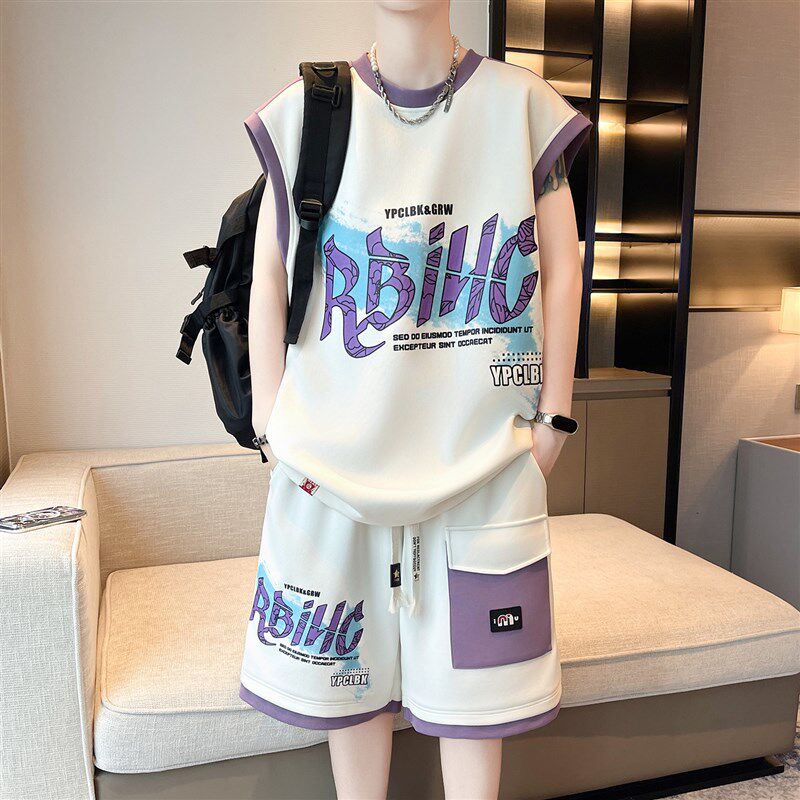 夏季休闲运动套装男孩高初中学生青少年大童冰丝坎肩背心短裤一套