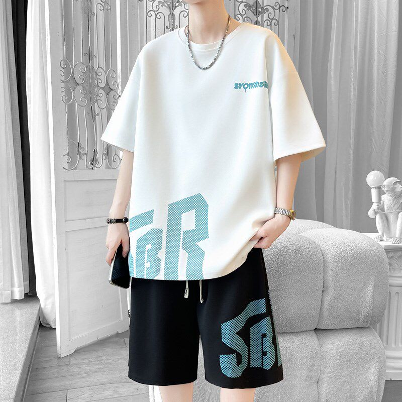 休闲 运动短袖T恤套装男生夏季2025新款青少年高级感印花冰丝