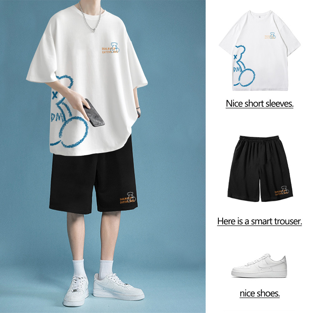 2024新款纯棉短袖T恤夏季青少年男装帅气初高中学生潮流运动套装