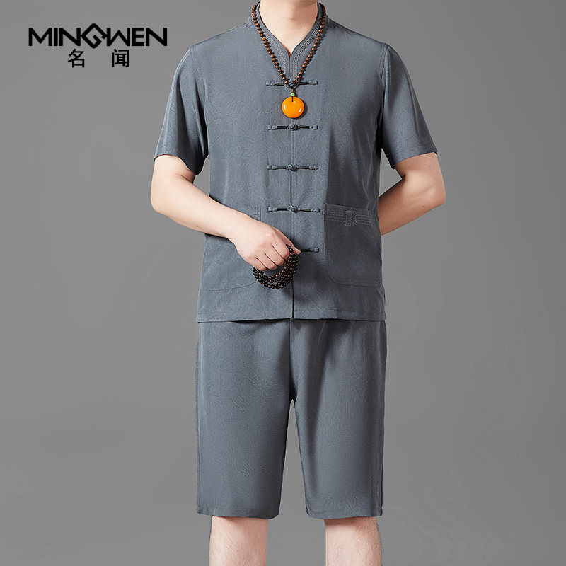 冰丝短袖唐装套装男夏季薄款中国风印花刺绣盘扣复古装禅服两件套