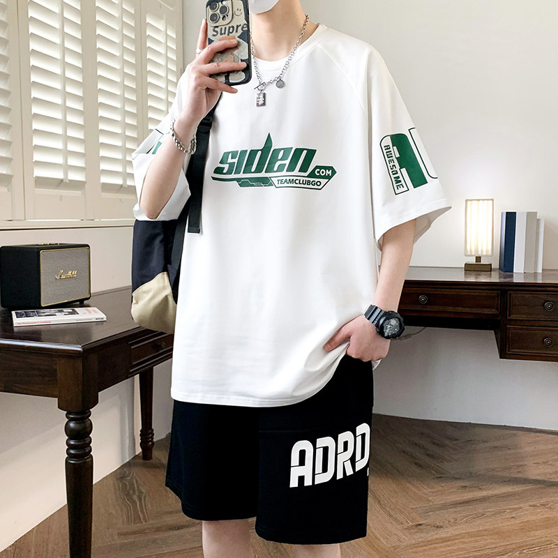 夏季青少年短袖t恤男潮流高中初中学生帅气潮牌运动套装纯棉衣服