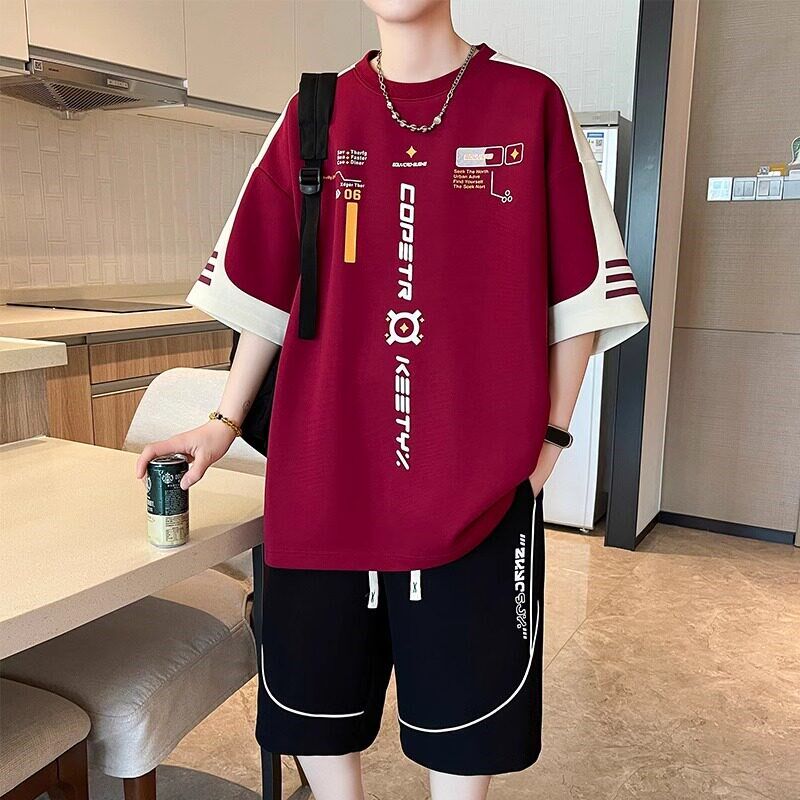 夏季冰丝短裤套装男生帅气拼色短袖t恤酒红色青少年休闲运动衣服T