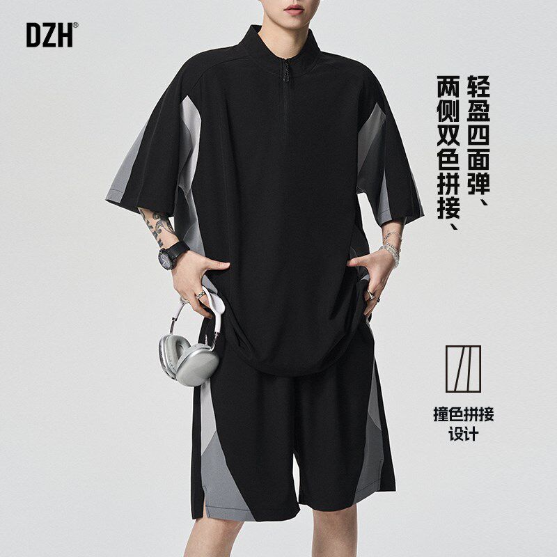 男士拼接运动套装男夏季薄款冰丝速干短袖休闲潮牌短裤两件套男装