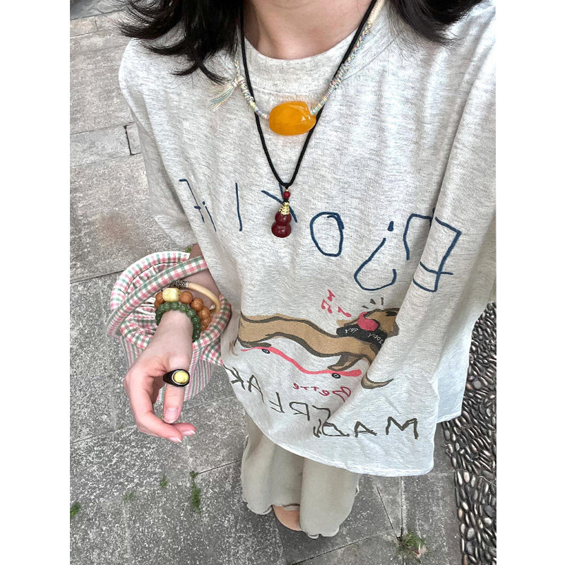 夏季美式街头小众T恤女花灰色滑板肠狗涂鸦印花复古设计潮牌上衣