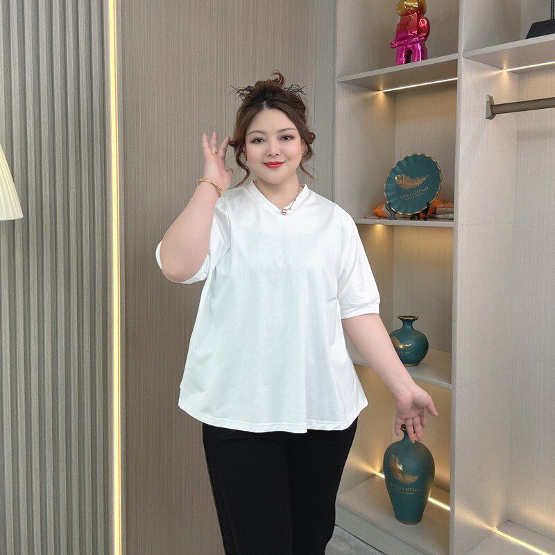 短袖t恤纯棉高弹夏季韩版宽松遮肚上衣大码胖mm200斤五分袖娃娃衫