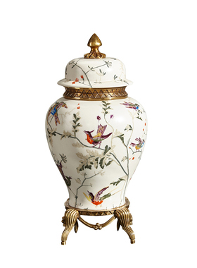 欧式手工彩绘花鸟陶瓷配铜储物盖坛F客厅插花花瓶卧室床头装饰摆