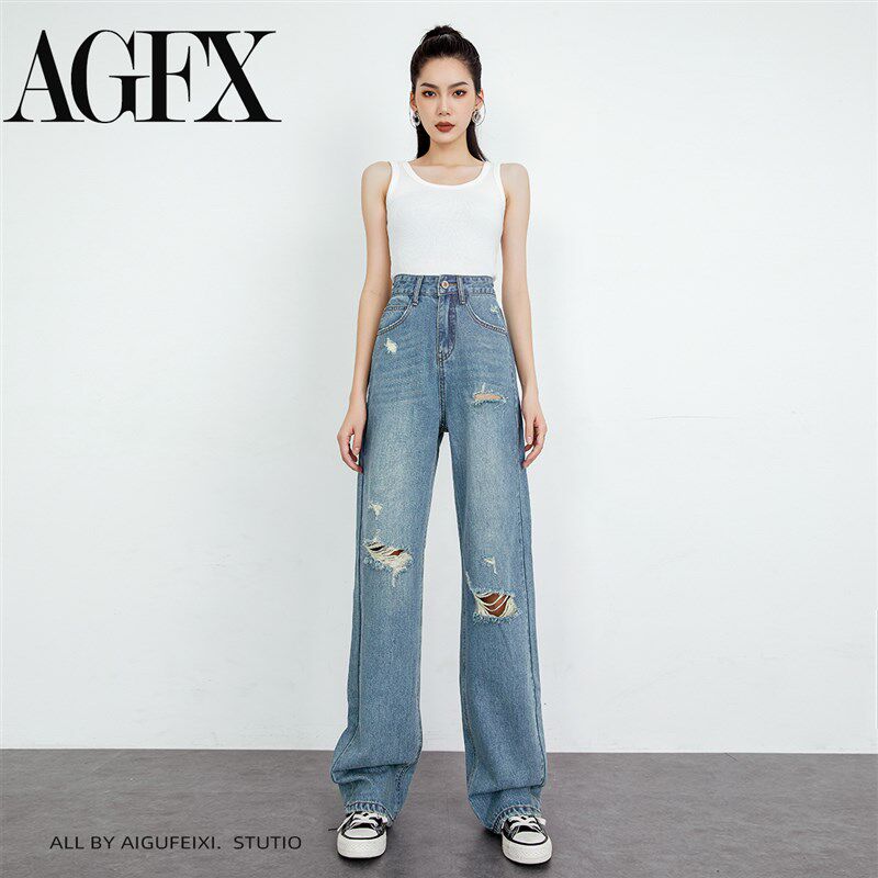潮牌垂坠感破洞阔腿牛仔裤女2025春夏新款宽松显瘦高腰直筒拖地裤