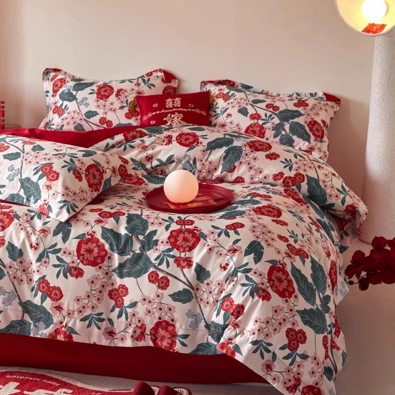 简约陪嫁结婚四件套大红色新婚床单被套婚庆床上X用品婚房喜被