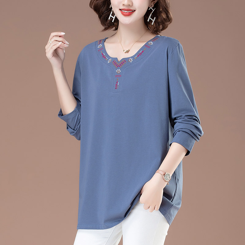 春装新款纯棉T恤女长袖V领时尚宽松大码洋气中老年妈妈打底200斤
