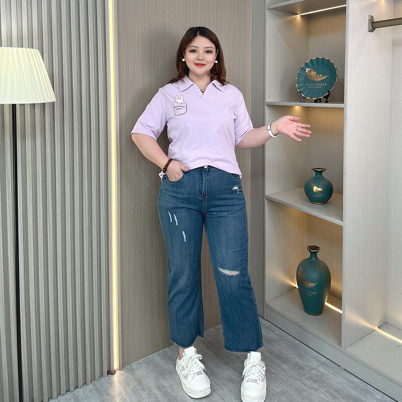 夏季破洞复古蓝直筒牛仔裤女大码梨形身材宽松小个子阔腿九分裤子