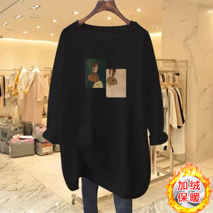 中长版加绒大尺码长袖T恤卫衣女装秋冬2023新款胖mm宽松欧货打底