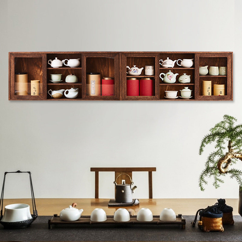 实木可上墙桌面i茶具收纳柜茶叶咖啡杯子置物架墙上吊柜储物柜茶