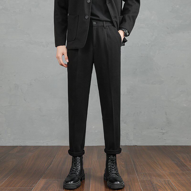 西裤男士春季厚款时尚毛呢休闲长裤磨G毛商务直筒垂坠感九分小西