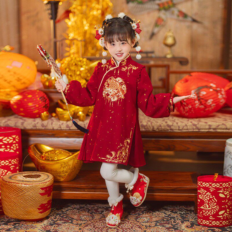 【祝鱼】童锣湾儿童汉服国风连衣裙冬季新款宝宝古装裙新年拜年服