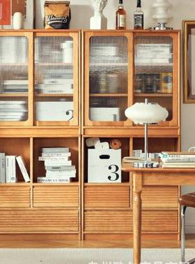 日式实木书柜书柜架家用桃樱木客厅落IEI地防尘玻璃储物物架置组