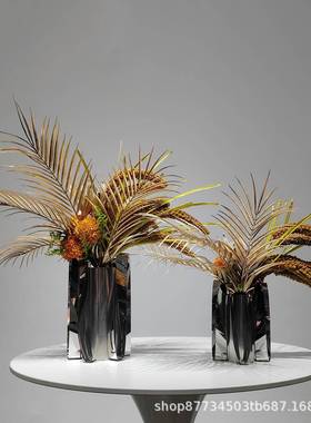 轻花奢高橙色干花不锈钢花瓶摆件样板房客厅桌茶几餐软装1184艺端