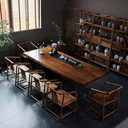 中式胡桃奢木茶桌家用实木新大泡板桌茶台轻办公室高档茶桌椅ZEO