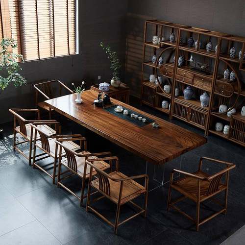 中式胡桃奢木茶桌家用实木新大泡板桌茶台轻办公室高档茶桌椅ZEO