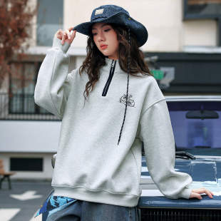 女大童半高领卫衣2025款秋冬季新款初中生少女加绒洋气宽松上衣