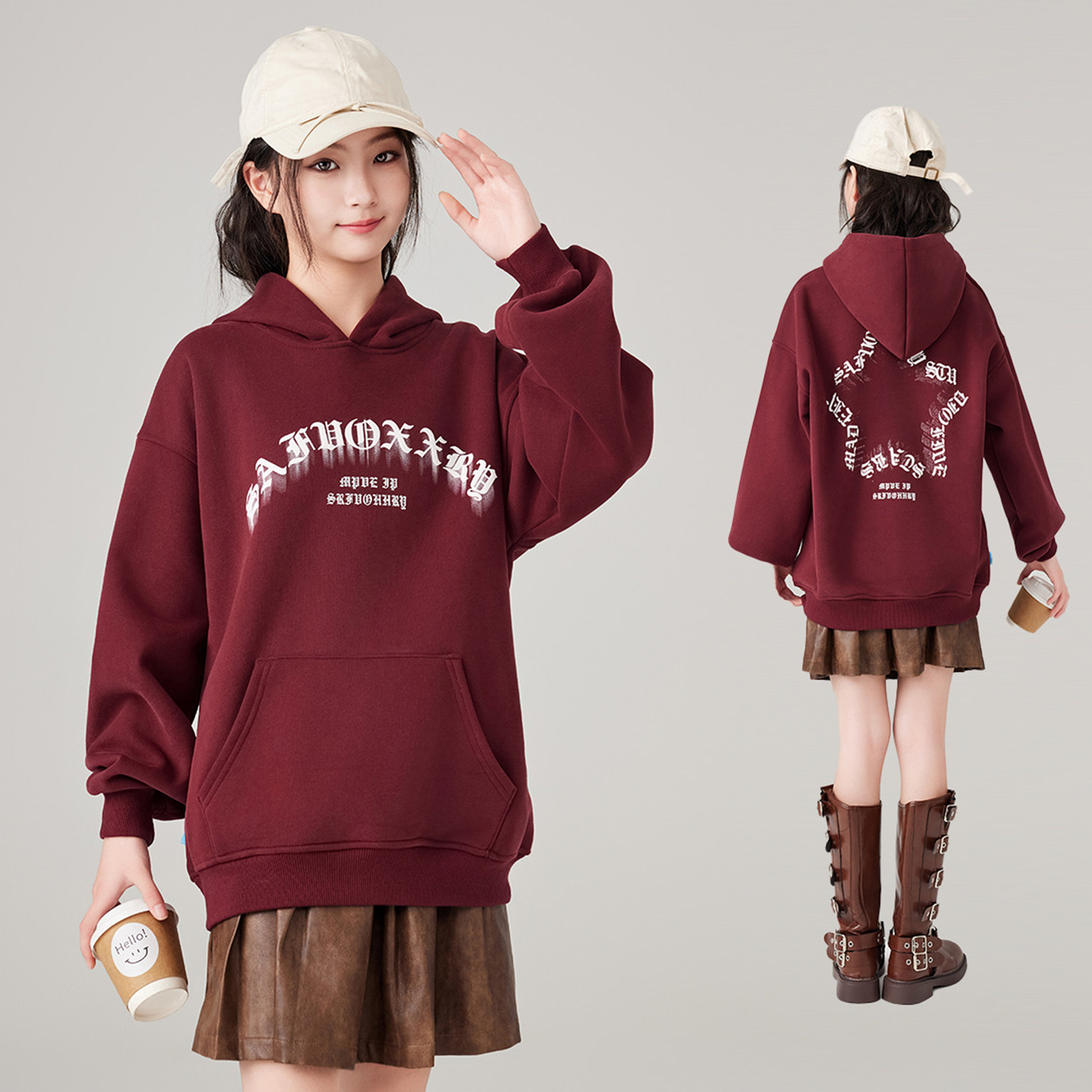 女大童加绒加厚卫衣2025款秋冬季初中生红色舒适连帽拜年服上衣