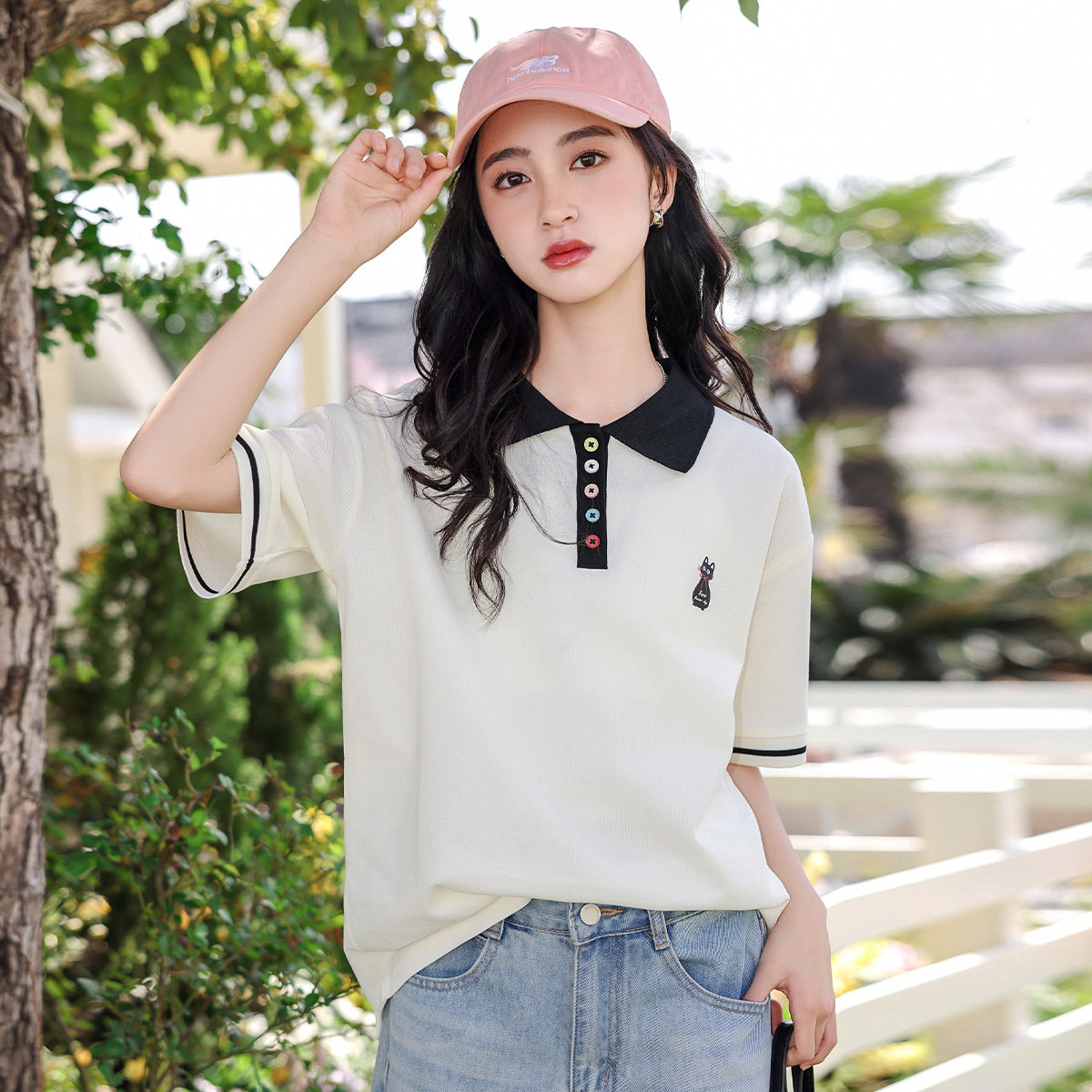 古力家学院风polo领短袖T恤女大童夏季初中生休闲上衣青少年体恤