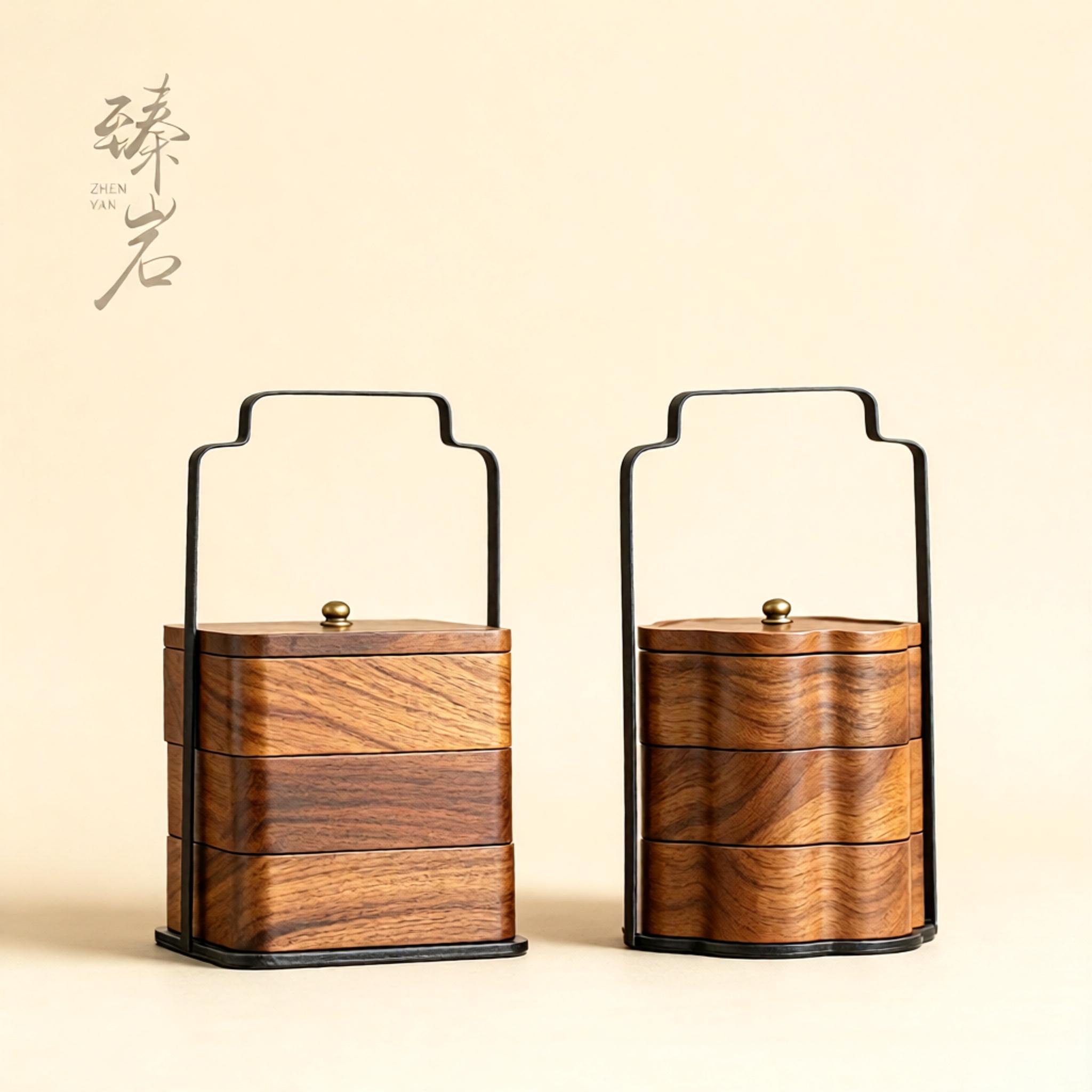 臻岩胡桃木手提三层食盒茶点盘