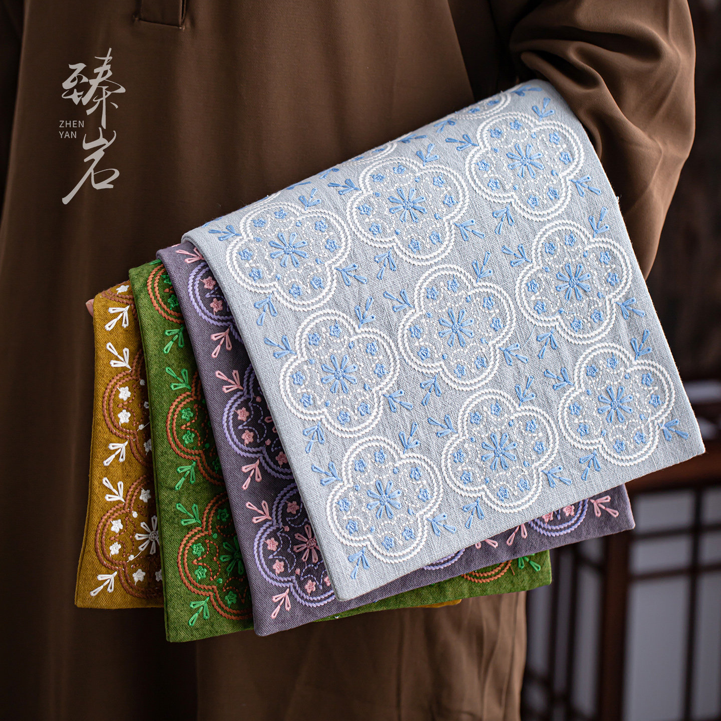臻岩复古刺子绣双层干泡茶席桌布
