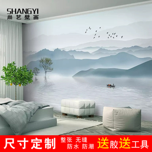 新中式电视背g景墙壁纸意境水墨画山水沙发背景墙壁画客厅卧室墙