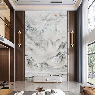 壁纸定制3cd中式山水玄关背景墙壁纸别墅挑高复式壁布客厅墙布壁