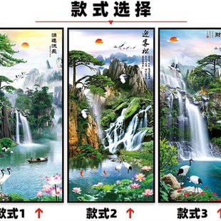 5d立体中式玄关壁纸走廊过道客厅背景墙纸山水迎S客松竖版墙布壁