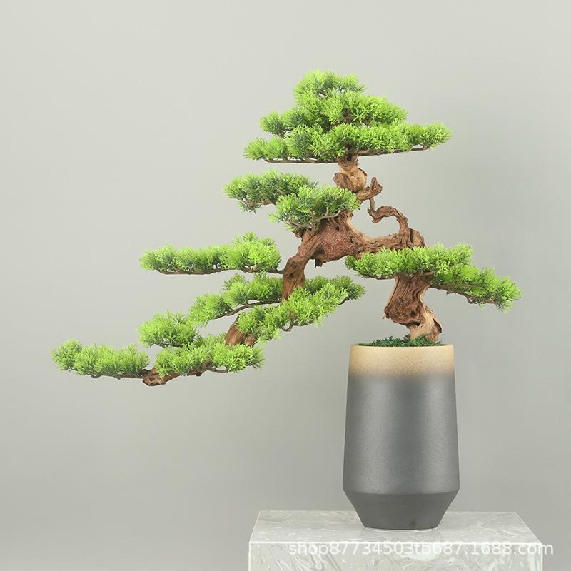 仿真新中式迎客松盆景摆件家居客厅博古架创意造景实木绿植装饰品