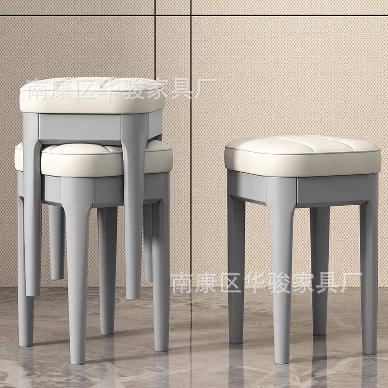 实木餐椅家用现代简约客厅餐厅软包可叠放凳子轻奢圆凳梳妆台