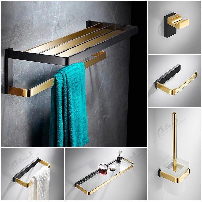 轻奢黑金五金挂件套装全铜浴室毛巾架壁挂式浴巾架挂杆置物架挂架