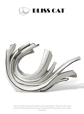 新中式日式艺术月牙弧形浪花手工白色陶瓷L摆件样板间玄关雕塑摆