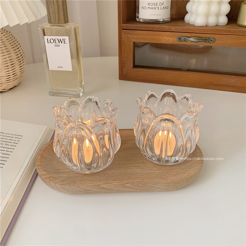 ins风郁金香玻璃烛台 花朵蜡烛家居摆件装饰 咖啡馆摄影拍照道具