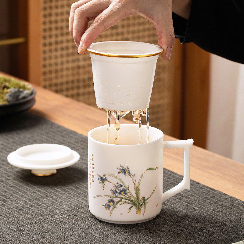描金兰花水杯素烧羊脂玉瓷办公杯带盖把手花卉茶杯高档陶瓷泡茶杯