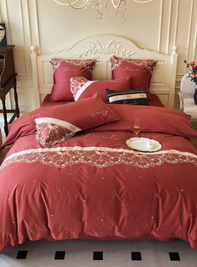 乐优公主结婚四件套磨毛喜被婚庆大红色加厚床单纯U棉婚嫁床上用