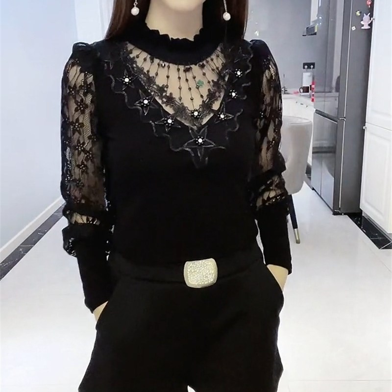 秋季新款蕾丝衫韩版时尚显瘦女小衫2024拼接曲珠百搭冬立领打底衫