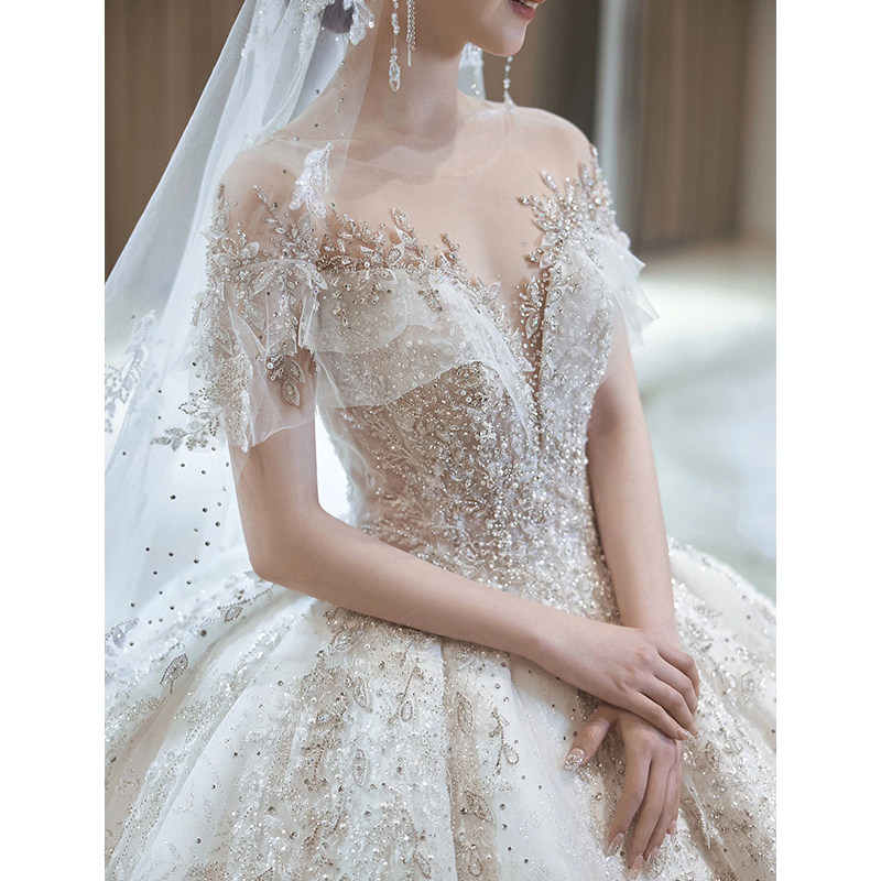 白色重工奢华法式婚纱礼服新娘一字肩新款大拖尾小个子2025主纱女