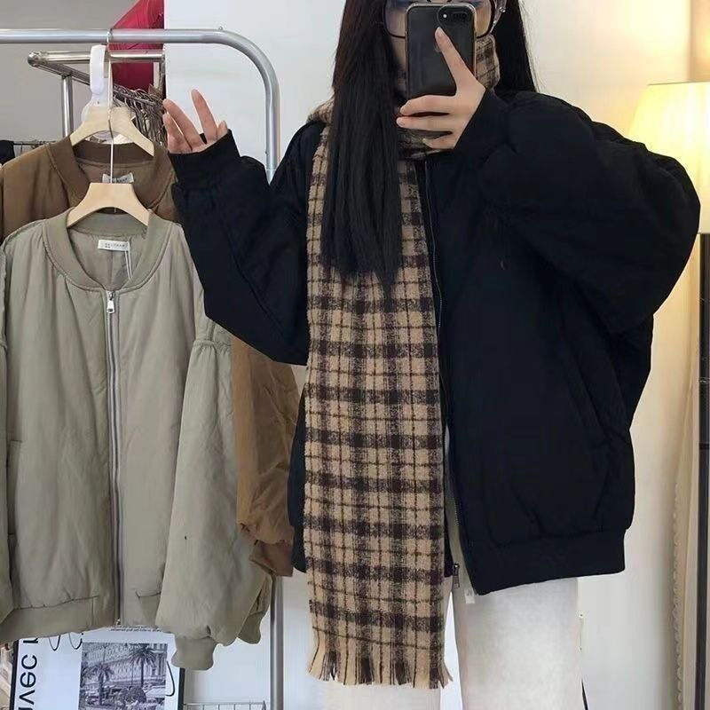 冬季外套女国潮新款宽松显瘦百搭纯色简约慵懒拉链加厚棒球服棉服