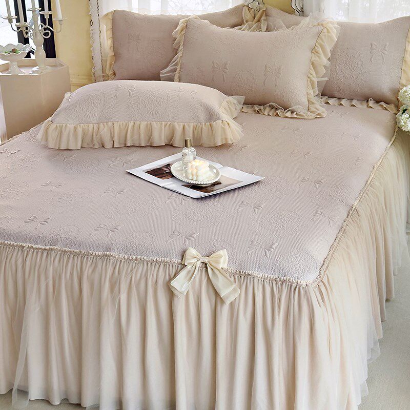 夏季裸睡冰豆豆凉席床裙款三件套公D主风蕾丝边纯色凉感空调软席