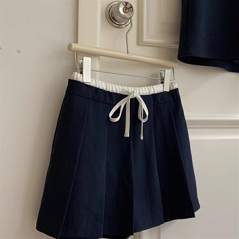 藏蓝色西装百褶裙女韩系大码抽绳松紧腰短裙高腰防走光A字半身裙