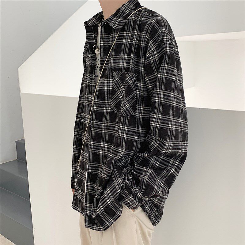 磨毛格纹长袖衬衫衣男式加肥u加大码潮胖子宽松春秋装韩版2021新