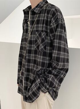 磨毛格纹长袖衬衫衣男式加肥u加大码潮胖子宽松春秋装韩版2021新