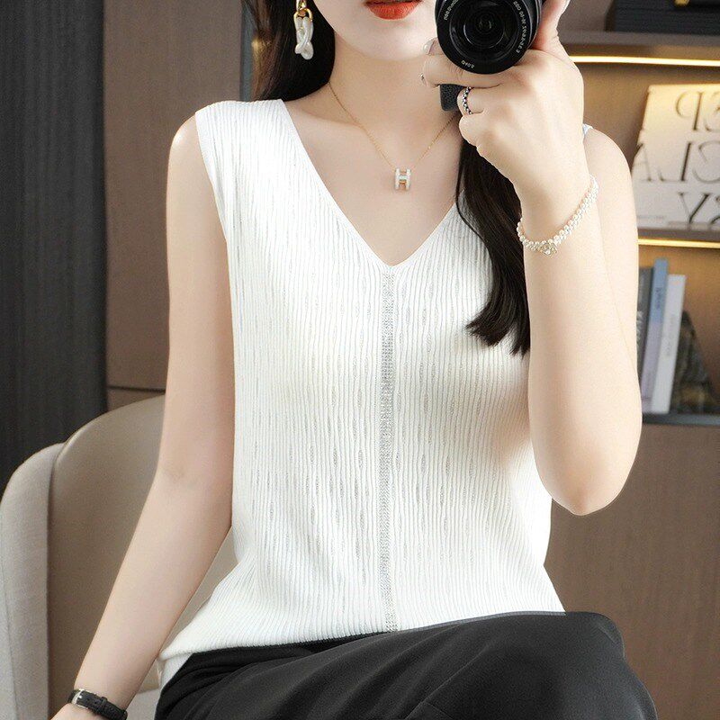 2023夏季新款纯棉V领针织吊带背心女士外穿宽松通勤无袖打底上衣