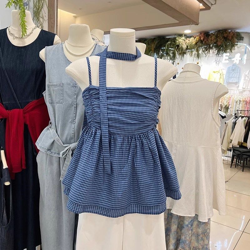 韩系格子抹胸吊带背心女夏新款2025绝美辣妹无袖小衫裙摆飘带上衣