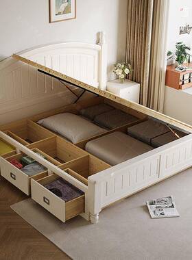 约田园白色纯实木床1米8双人主卧SNX屉1.5m气压高箱床储简物抽床